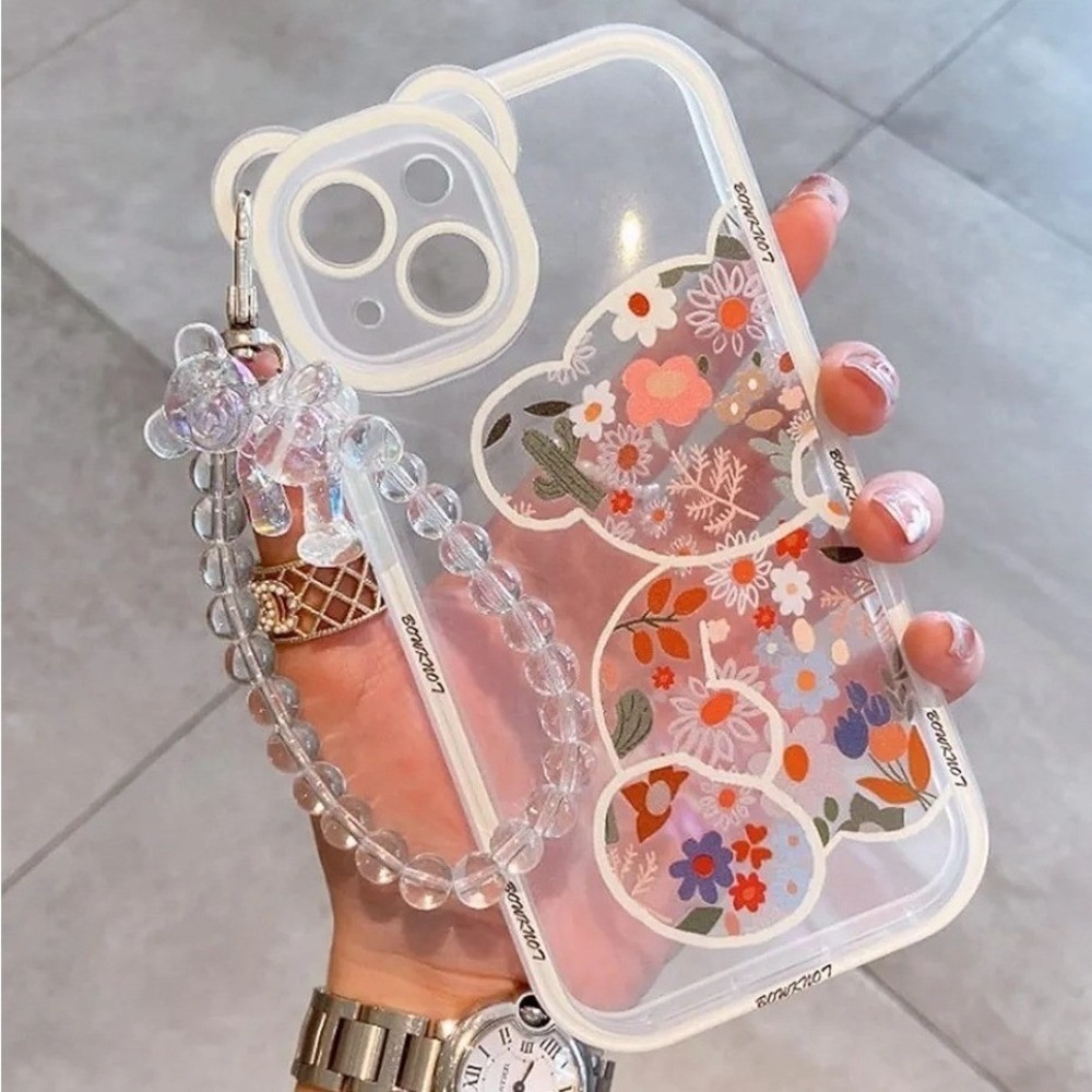 iPhone Case Clear Bear Floral Print with Beaded Wristlet Strap White